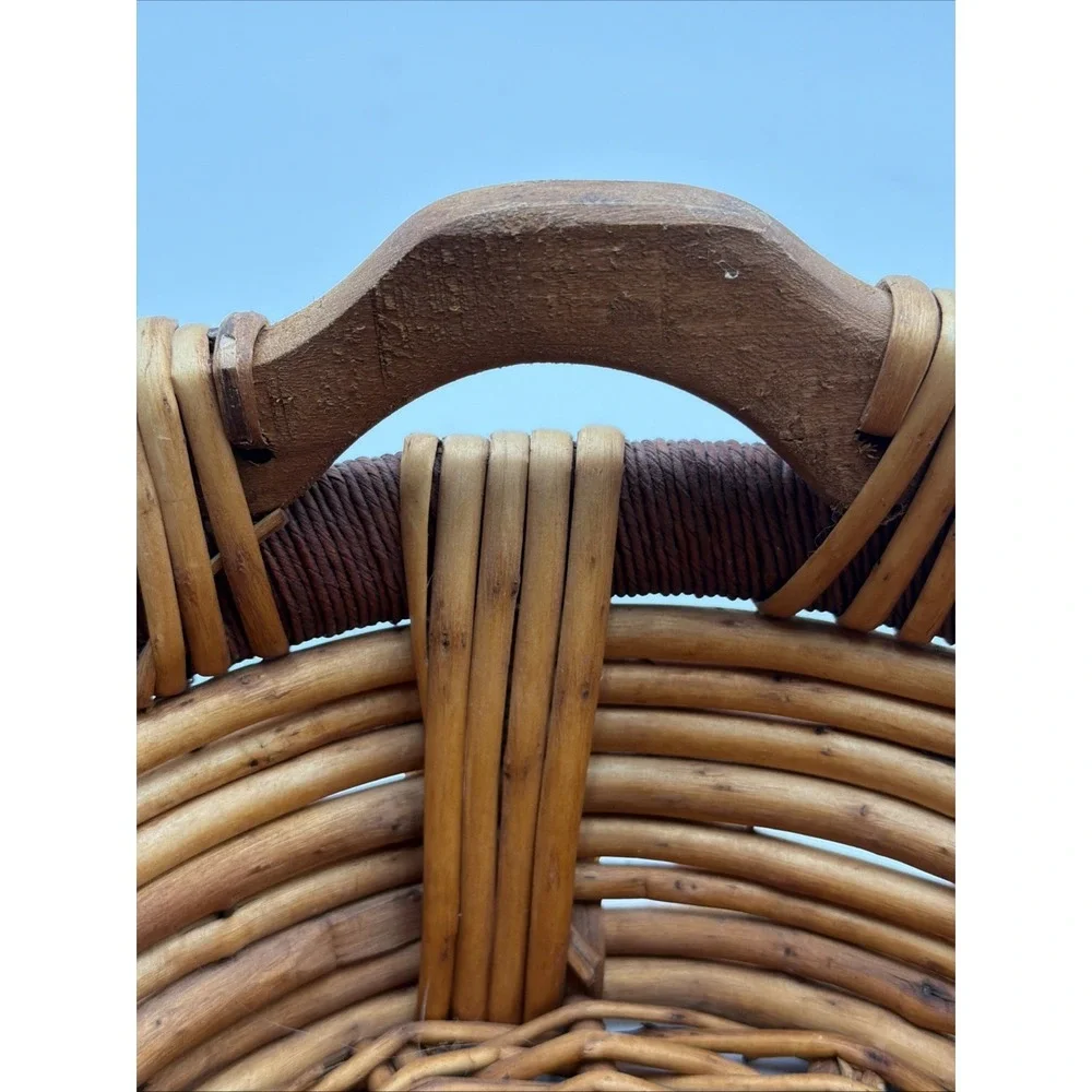 Vintage Gathering Basket Split Reed Jute Log Wood Handles Folk Art Rustic